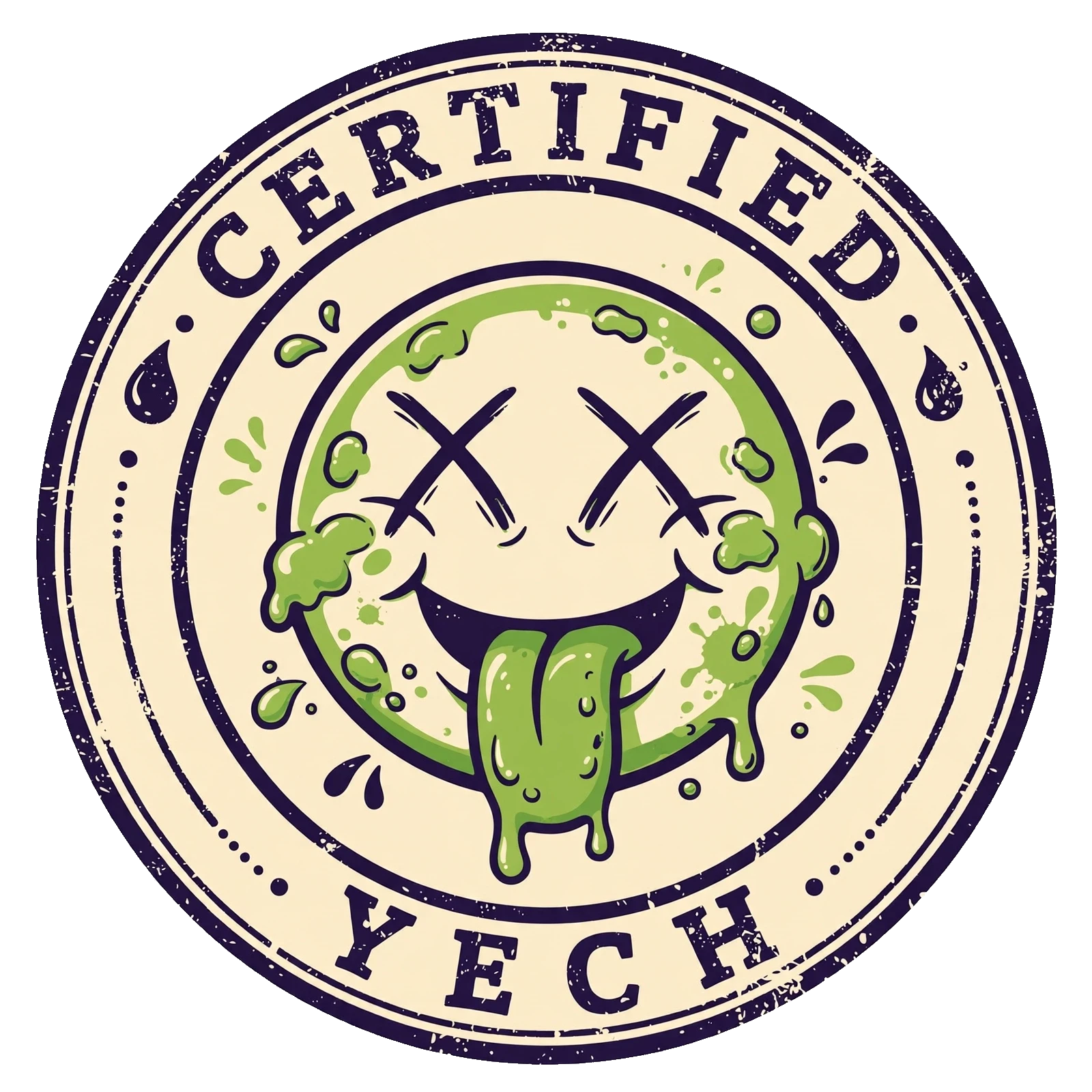 Certified YECH stamp badge with a silly slime face