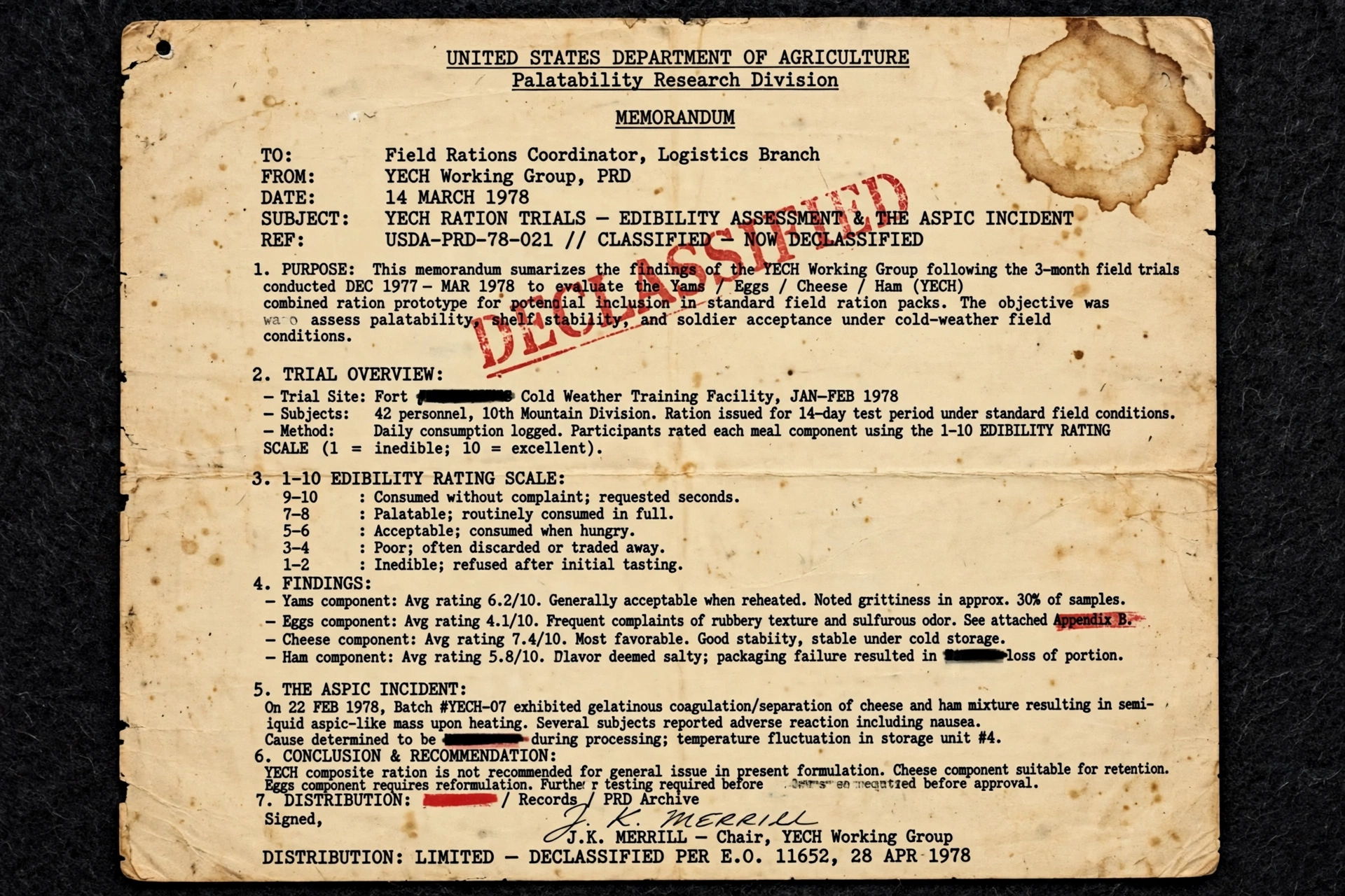 Aged declassified 1978 memorandum from the USDA Palatability Research Division concerning the YECH Working Group ration trials and the Aspic Incident